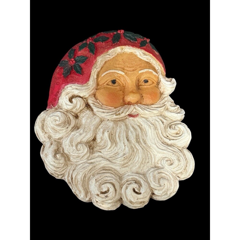 Vtg Christmas Carved Wood Look Santa Head Wall Hanging Plaque Roman Inc